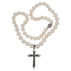 Sterling Silver Cross Pendant Marcasite Faux Pearl Clear Stone Necklace