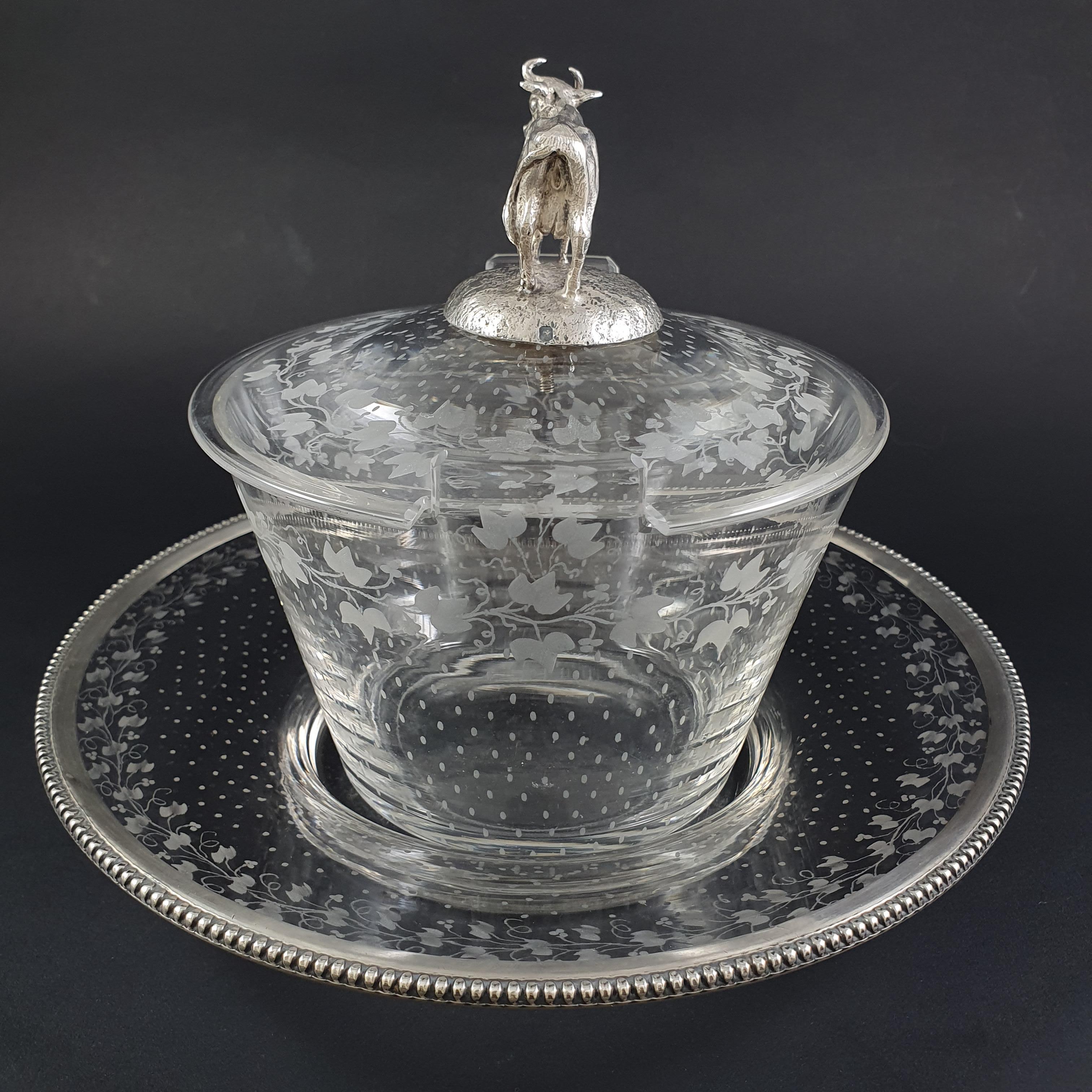 Mid-19th Century Sterling Silver & Crystal Butter Dish