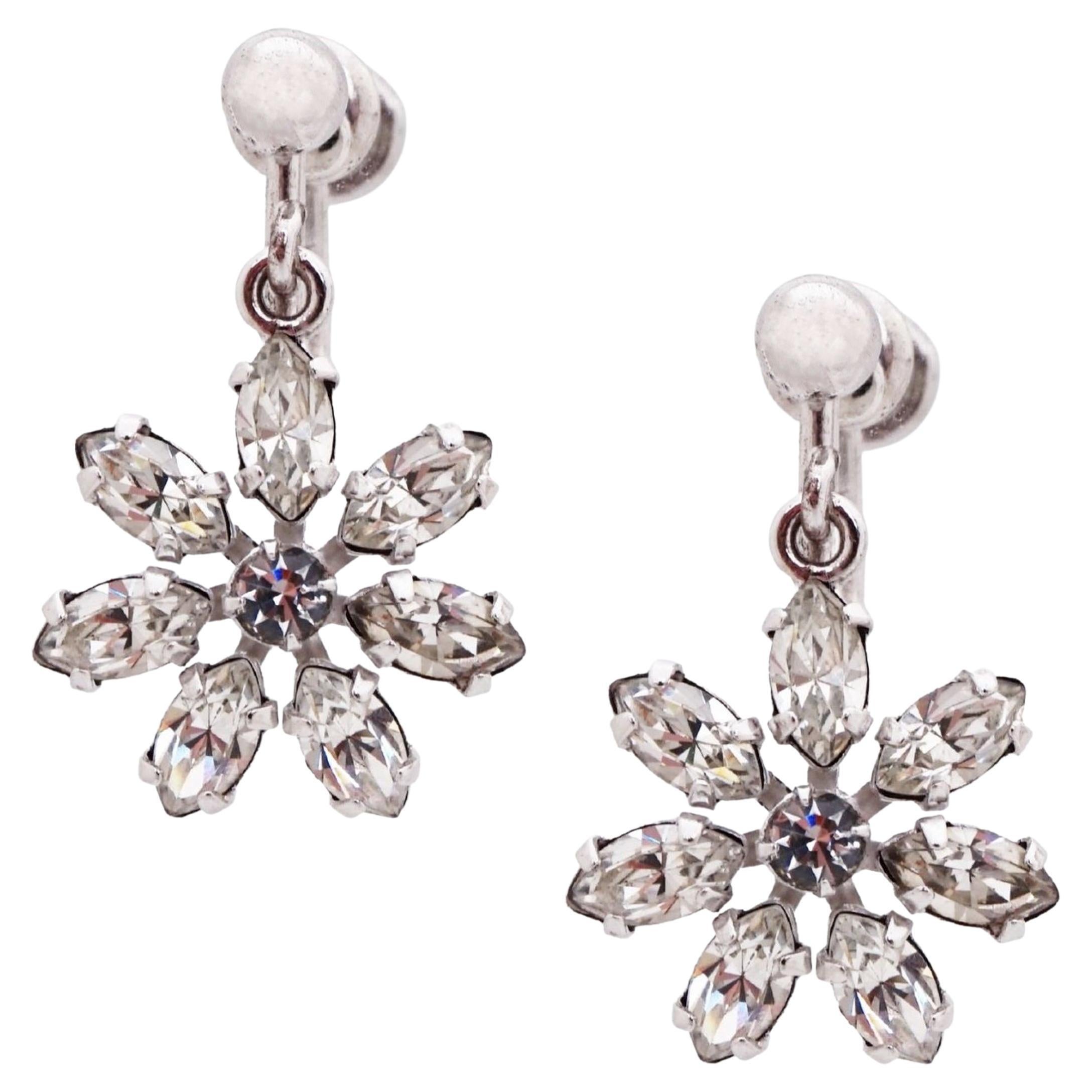Sterling Silver & Crystal Flower Drop Earrings By Van Dell, 1950s