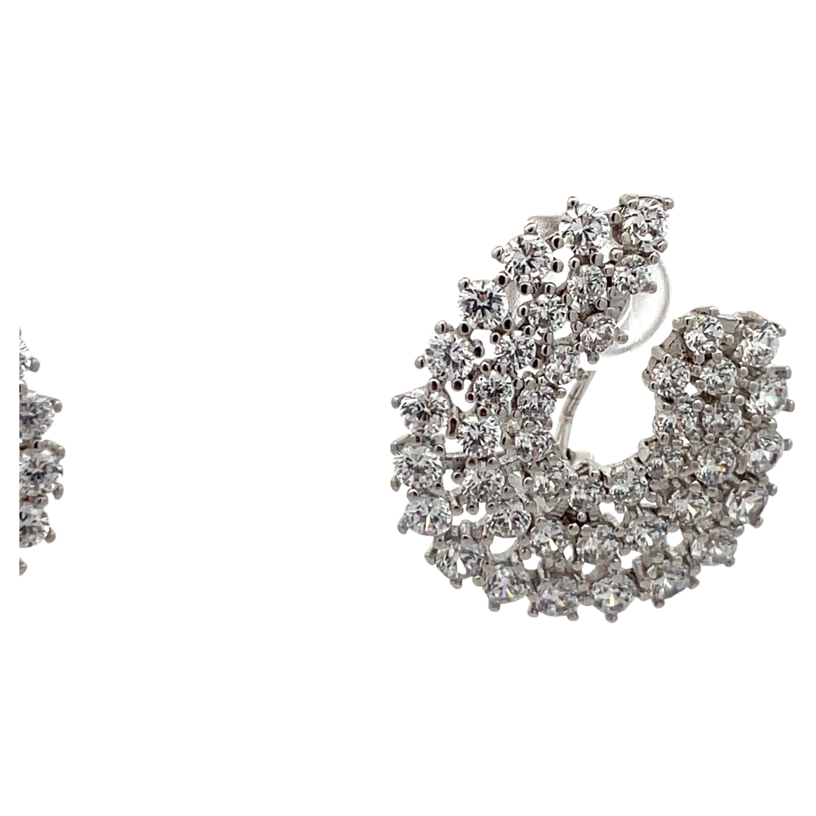Contemporary Sterling Silver Cubic Zirconia Three Row Hoop Earrings Rhodium Plated For Sale