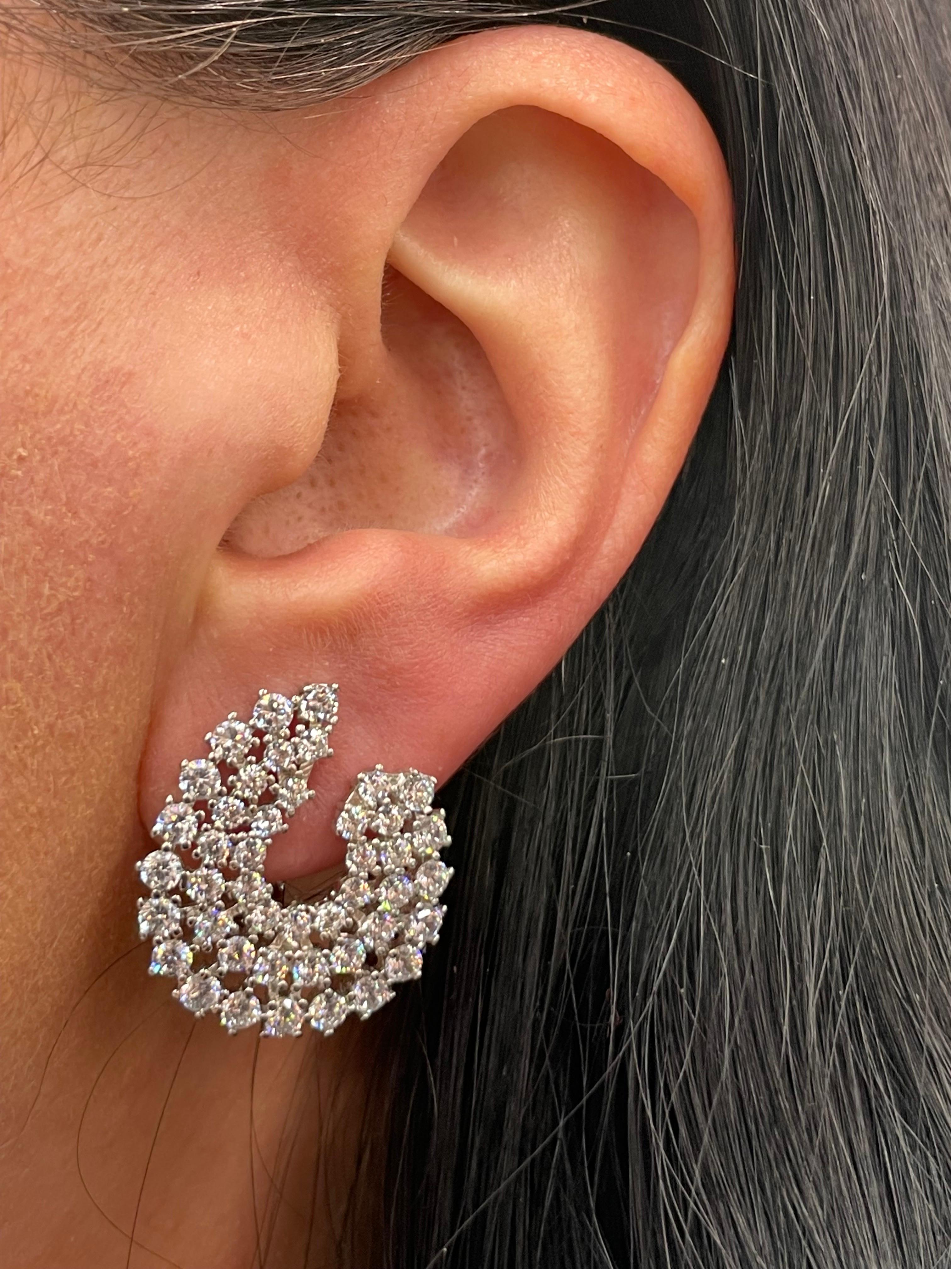 Sterling Silver Cubic Zirconia Three Row Hoop Earrings Rhodium Plated For Sale 2