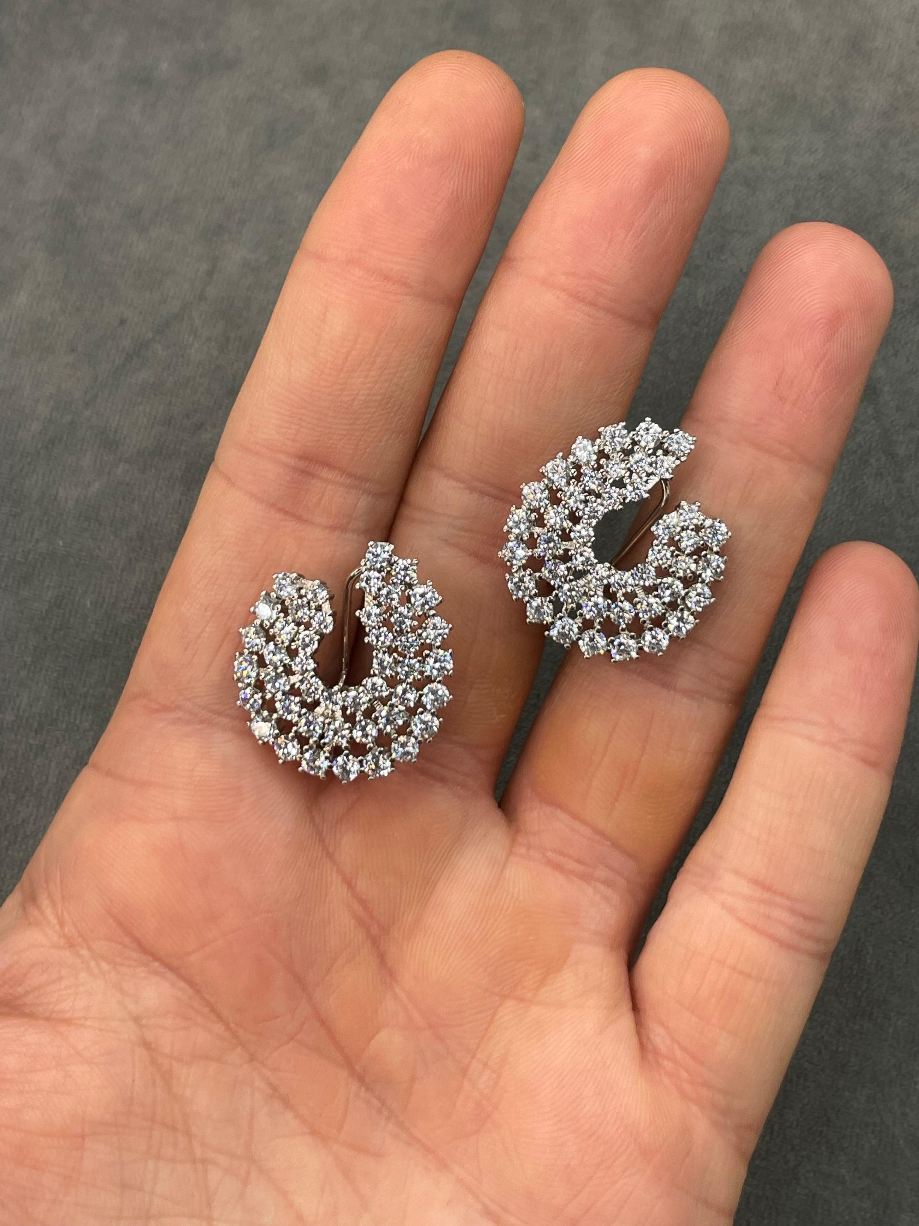 Sterling Silver Cubic Zirconia Three Row Hoop Earrings Rhodium Plated For Sale 3