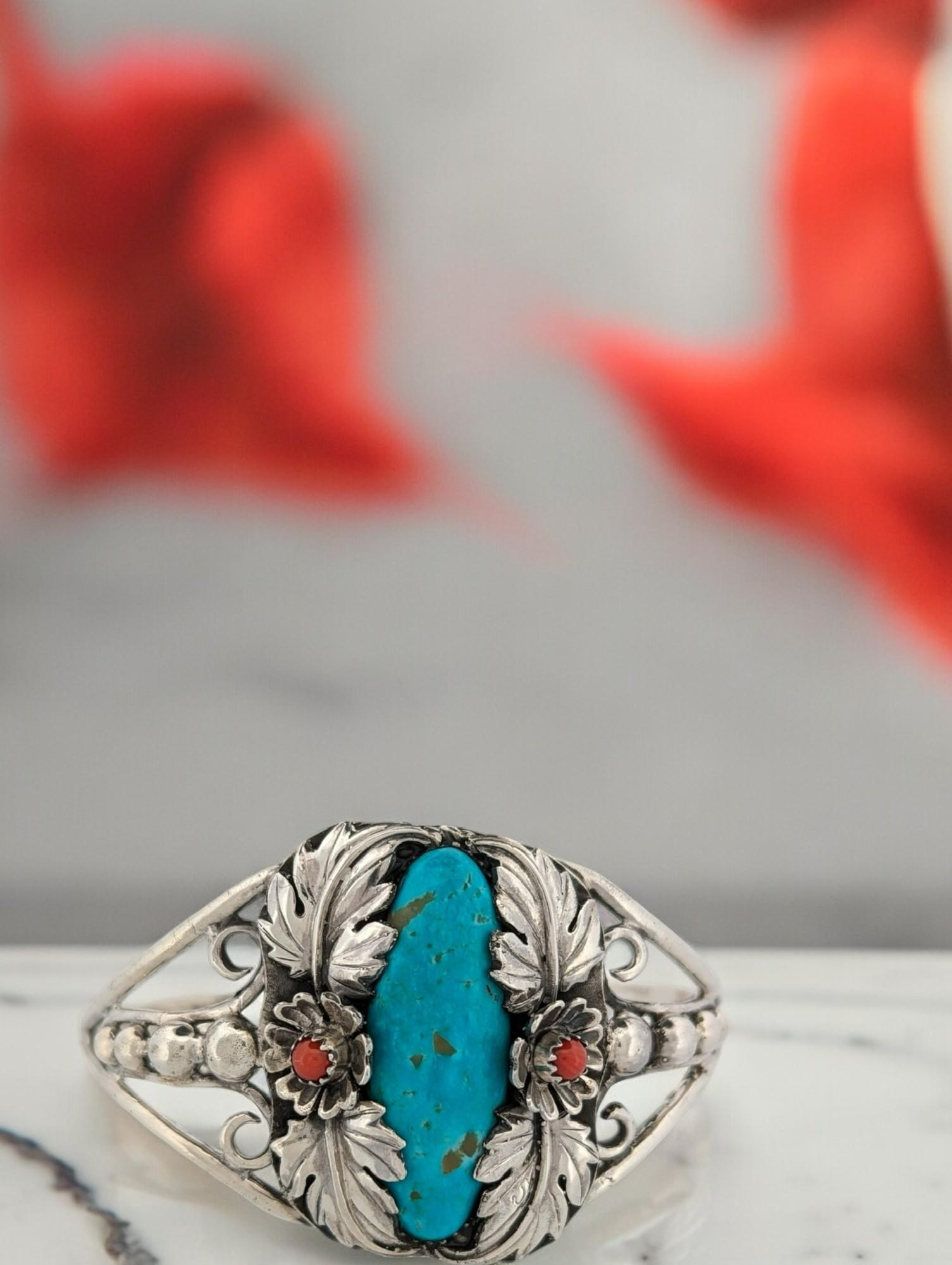 Sterling Silver Cuff bracelet Coral accents Kingman turquoise Cuff For Sale 5