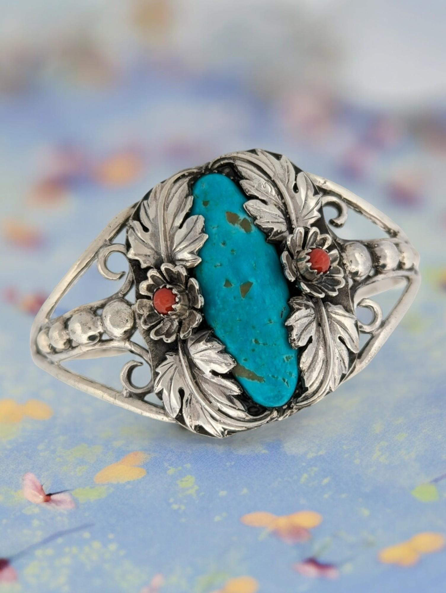Artisan Sterling Silver Cuff bracelet Coral accents Kingman turquoise Cuff For Sale