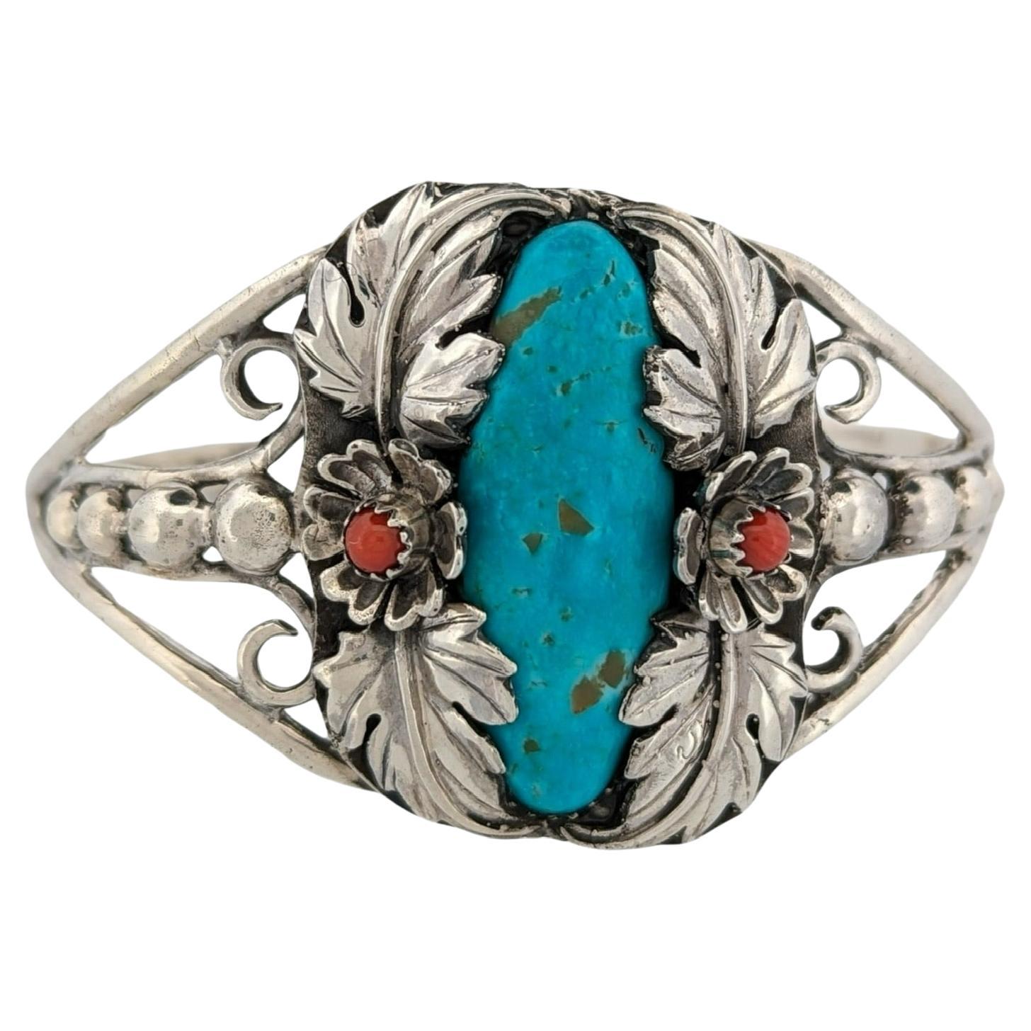 Sterling Silver Cuff bracelet Coral accents Kingman turquoise Cuff For Sale