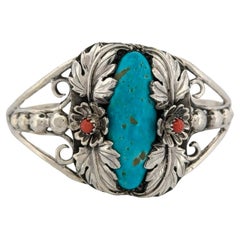 Used Sterling Silver Cuff bracelet Coral accents Kingman turquoise Cuff