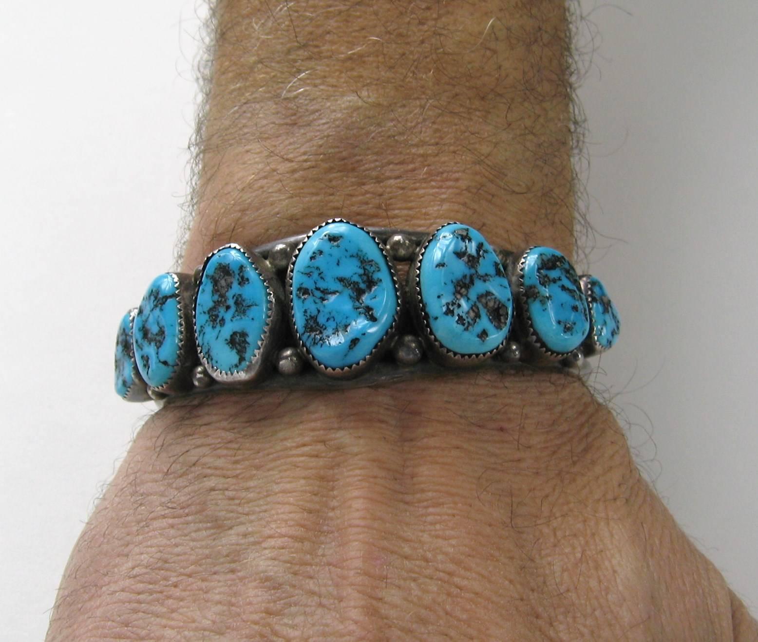 Poli au tonneau  Bracelet manchette en argent sterling et turquoise Navajo, beauté endormie, amérindienne en vente