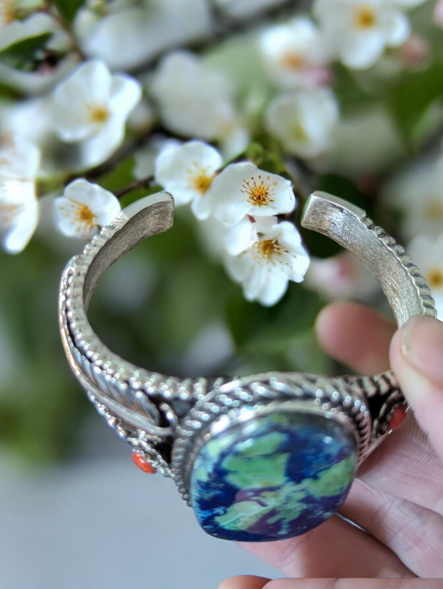Women's Sterling Silver Warp Gulch Cuff Bracelet with Azurite & Malachite For Sale