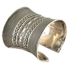 Sterling Silver Cuff Bracelet with Chain and Wire Details, Size 6