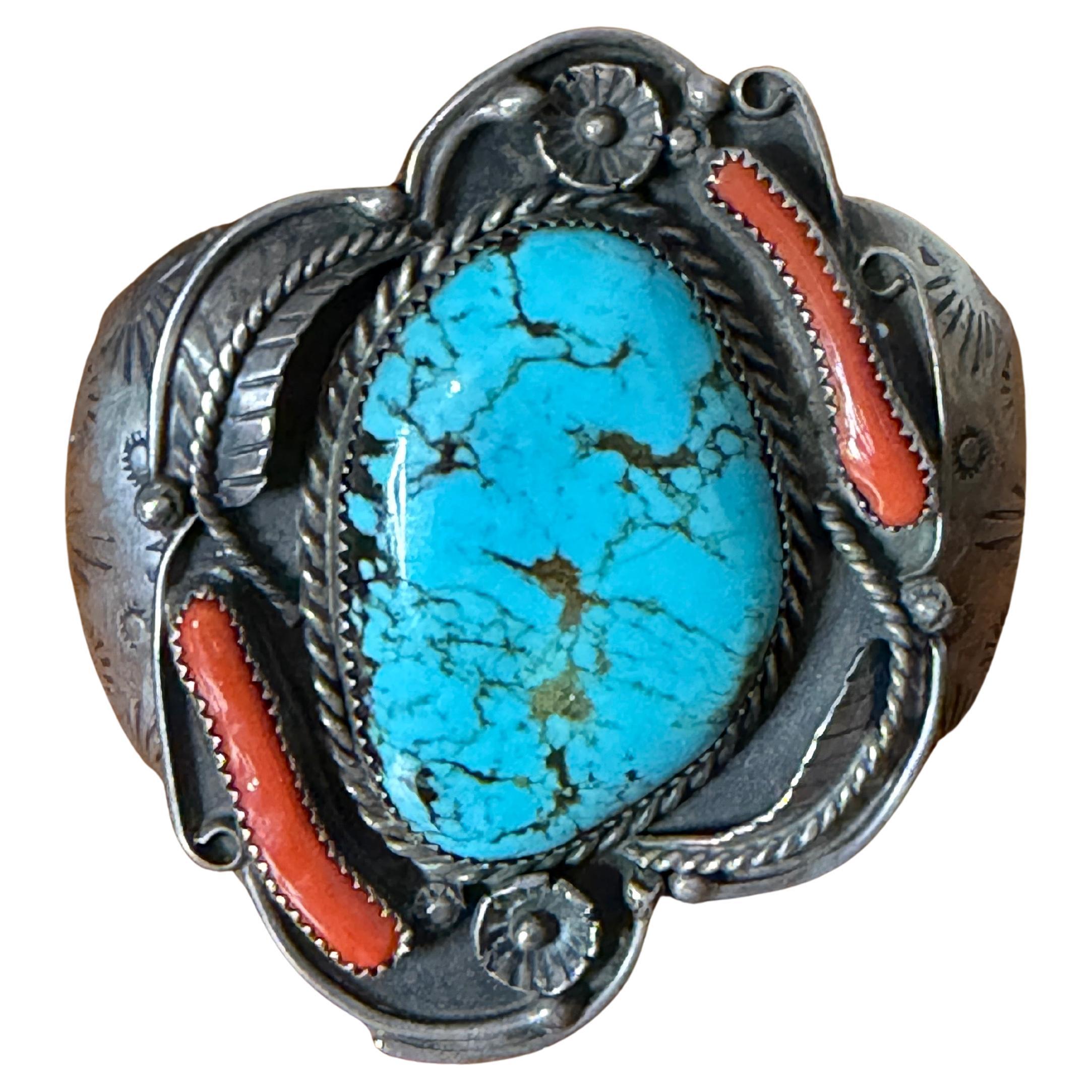 Sterling Silver Cuff Coral 
Turquoise BRACELET Totem NAVAJO For Sale