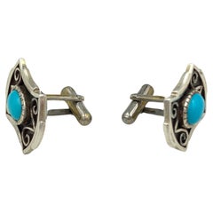 Sterling Silver Cuff Links with Sleeping Beauty Turquoise Cabochon