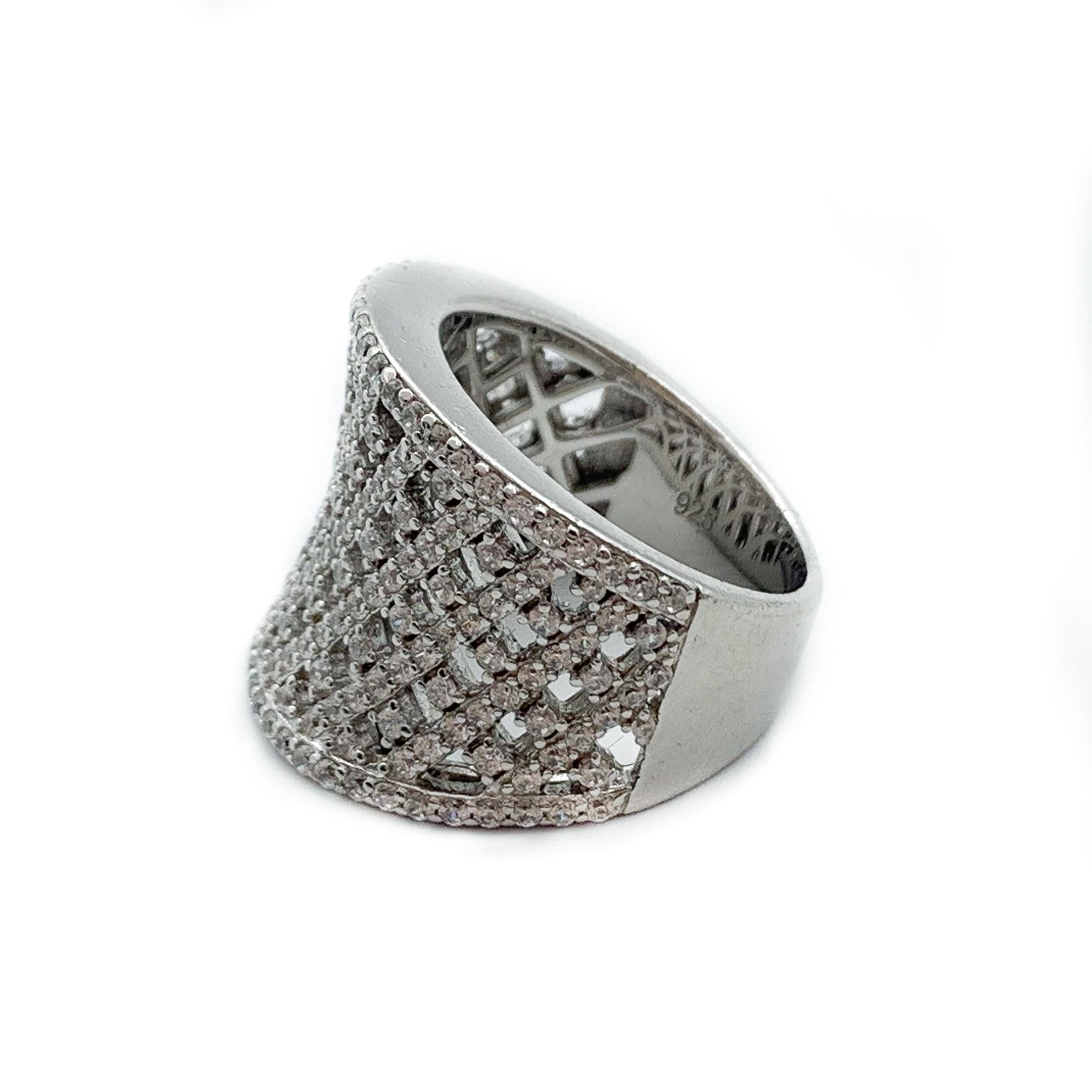 Round Cut Sterling Silver Cuff Ring W/ 3.60 Carats of CZ Crystals For Sale