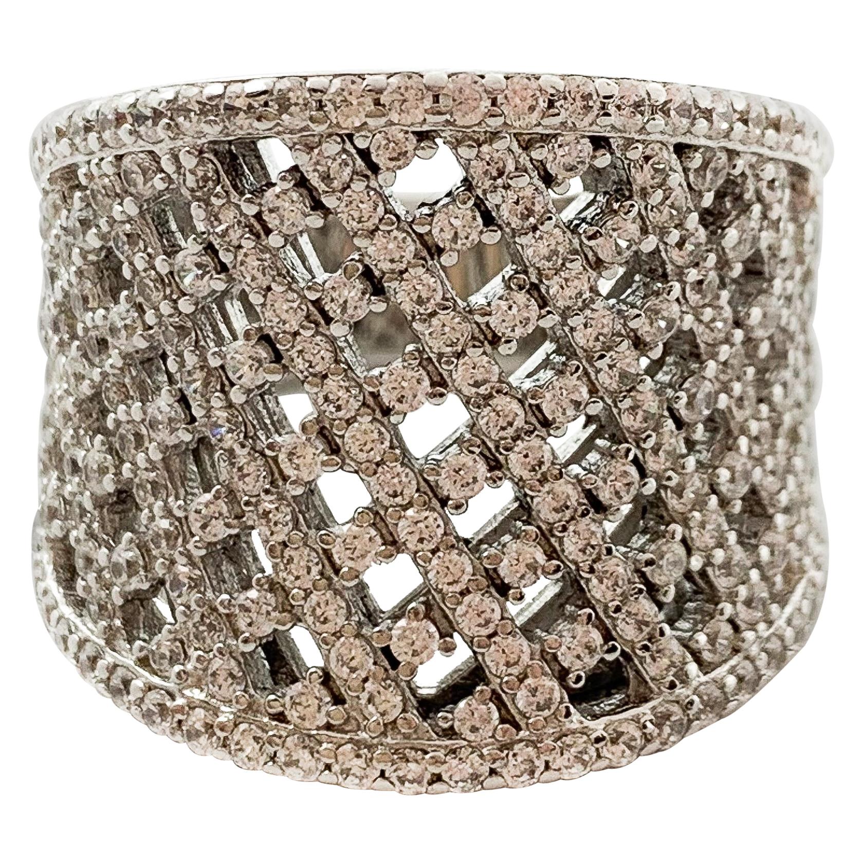 Sterling Silver Cuff Ring W/ 3.60 Carats of CZ Crystals For Sale