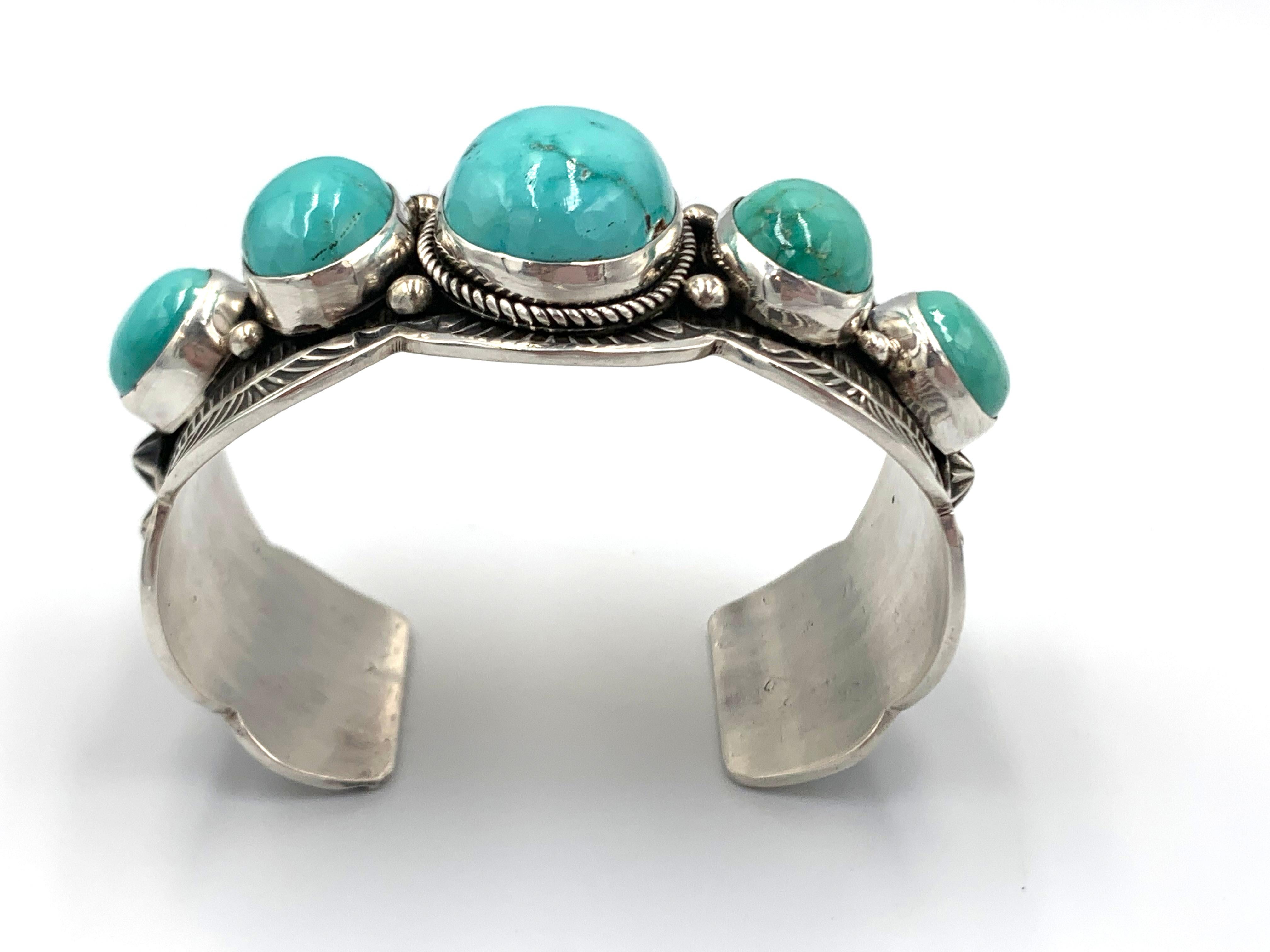 Nativo americano Bracciale in argento con 5 pietre di turchese Fox di Albert Jack & Bruce Eckhardt in vendita