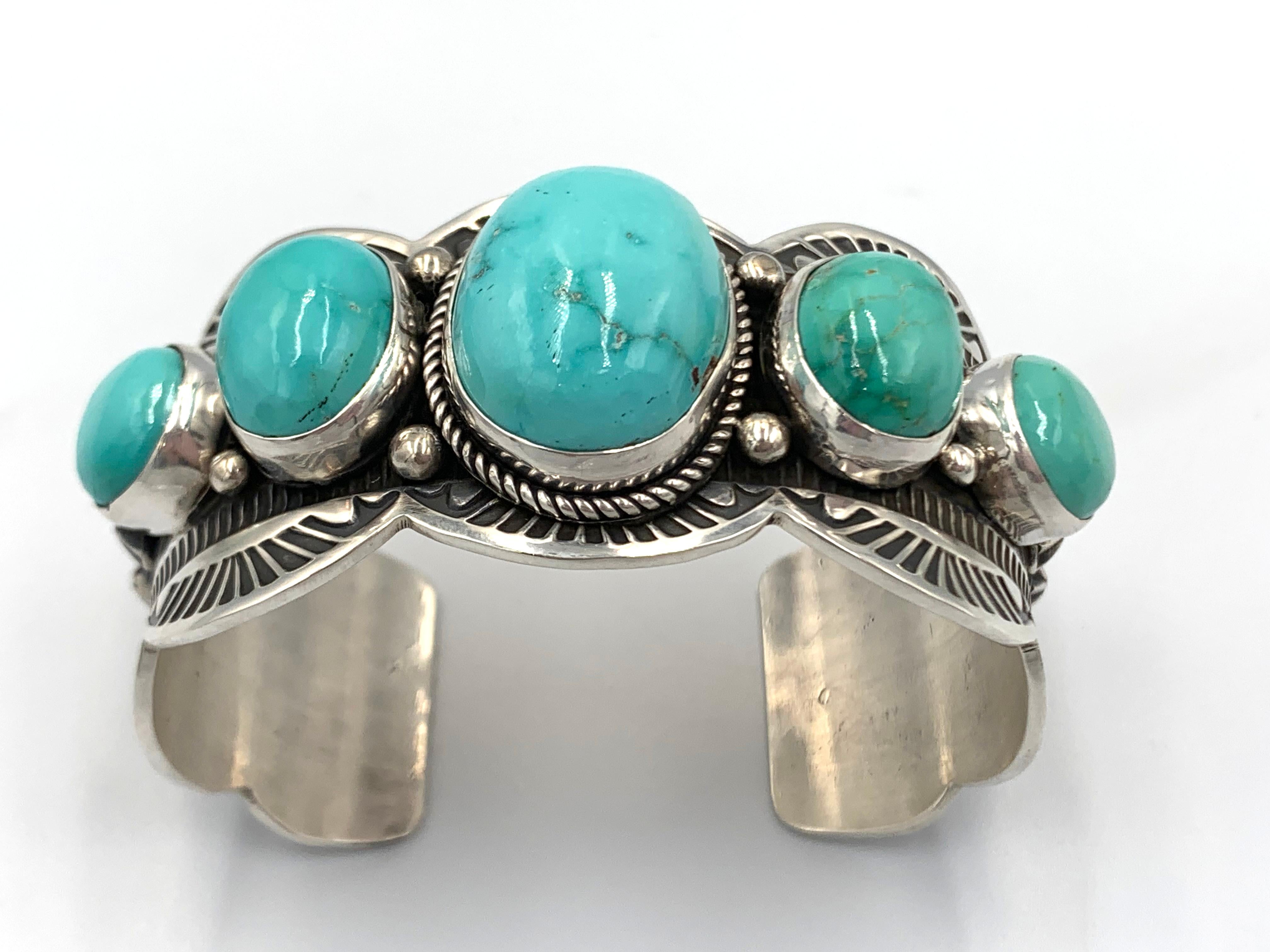 Bracciale in argento con 5 pietre di turchese Fox di Albert Jack & Bruce Eckhardt in vendita