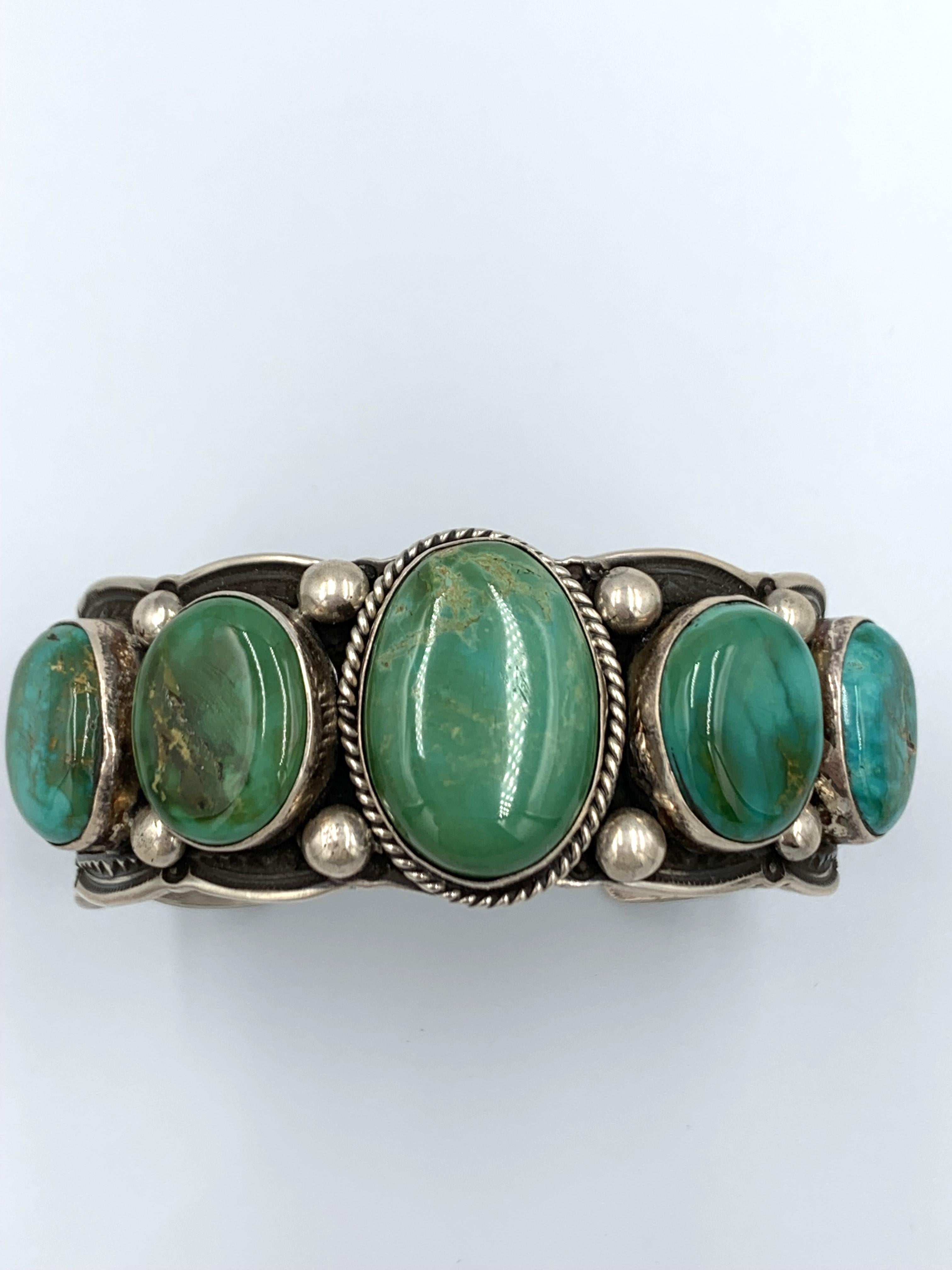 Sterling Silver Cuff with Five Blue Gem Turquoise Stones In New Condition For Sale In Scottsdale, AZ