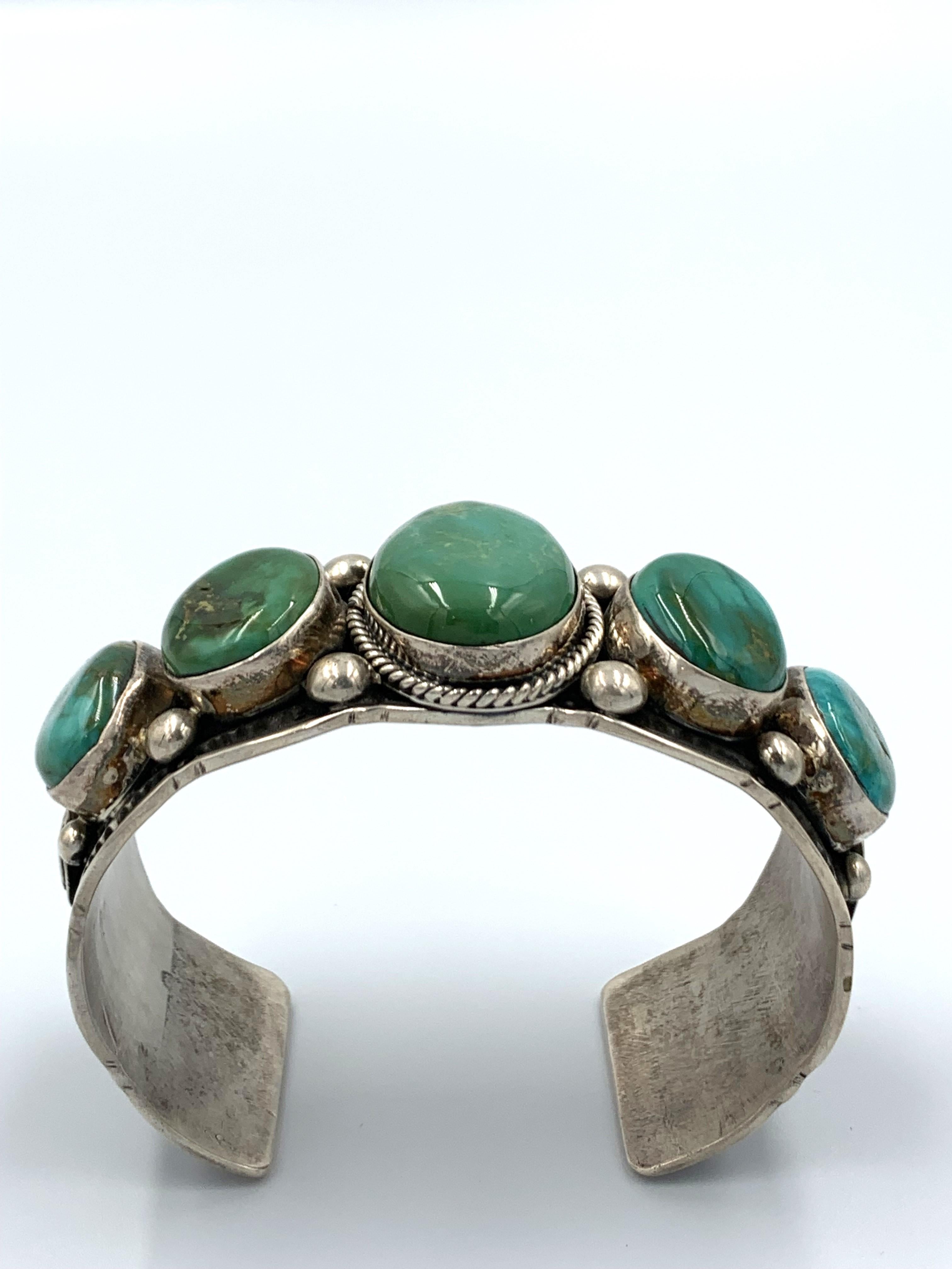 Women's or Men's Sterling Silver Cuff with Five Blue Gem Turquoise Stones