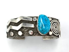 Sterling Silver Cuff with Kingman Turquoise by Alex Sanchez (Navajo & Zuni)J1092
