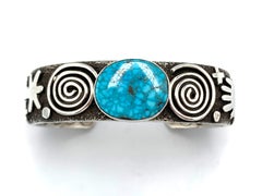Sterling Silver Cuff with Kingman Turquoise by Alex Sanchez (Navajo & Zuni)J2029