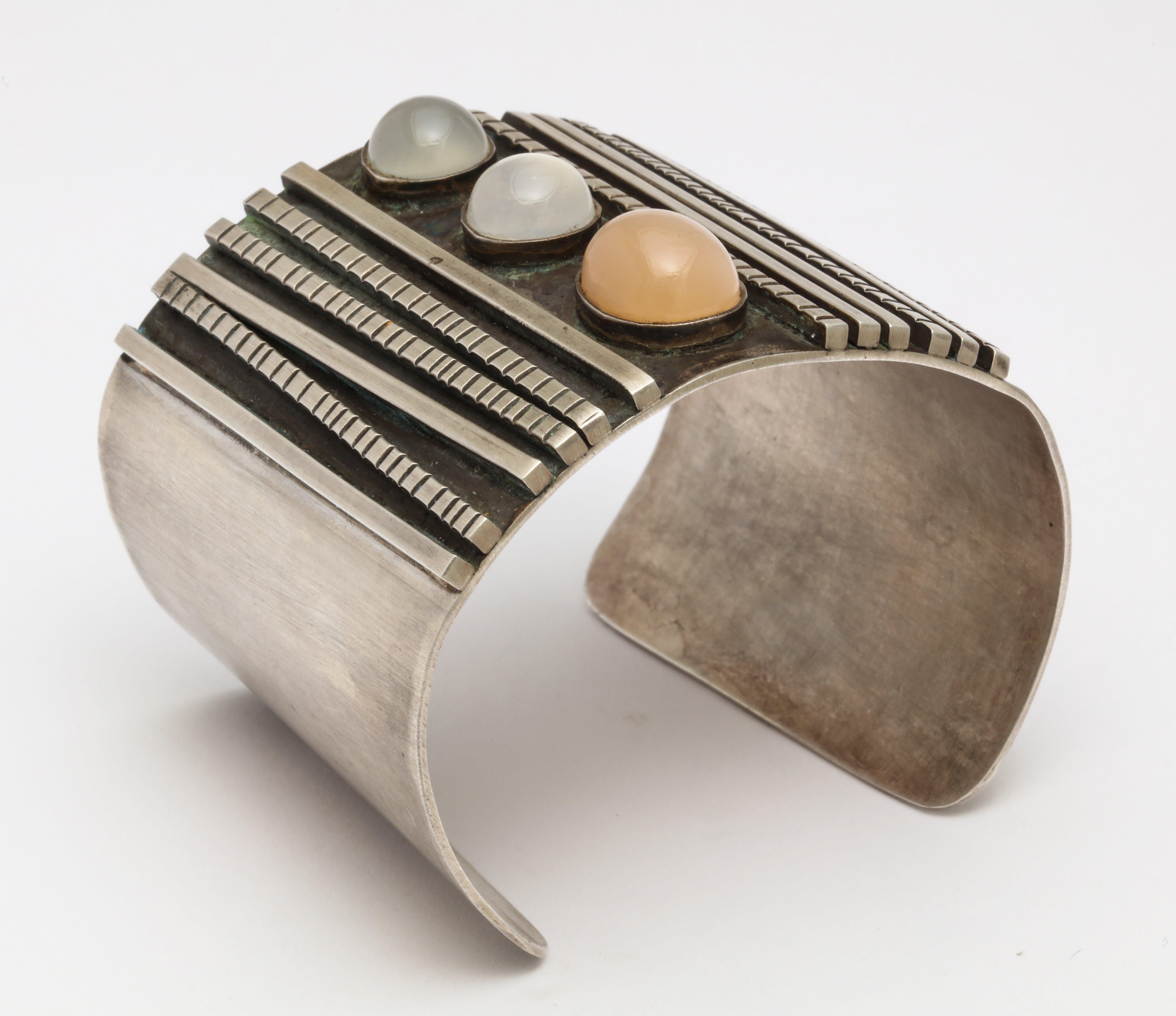 Sterling Silver Cuff with Moonstone Cabochon Decorations In Good Condition In New York, NY