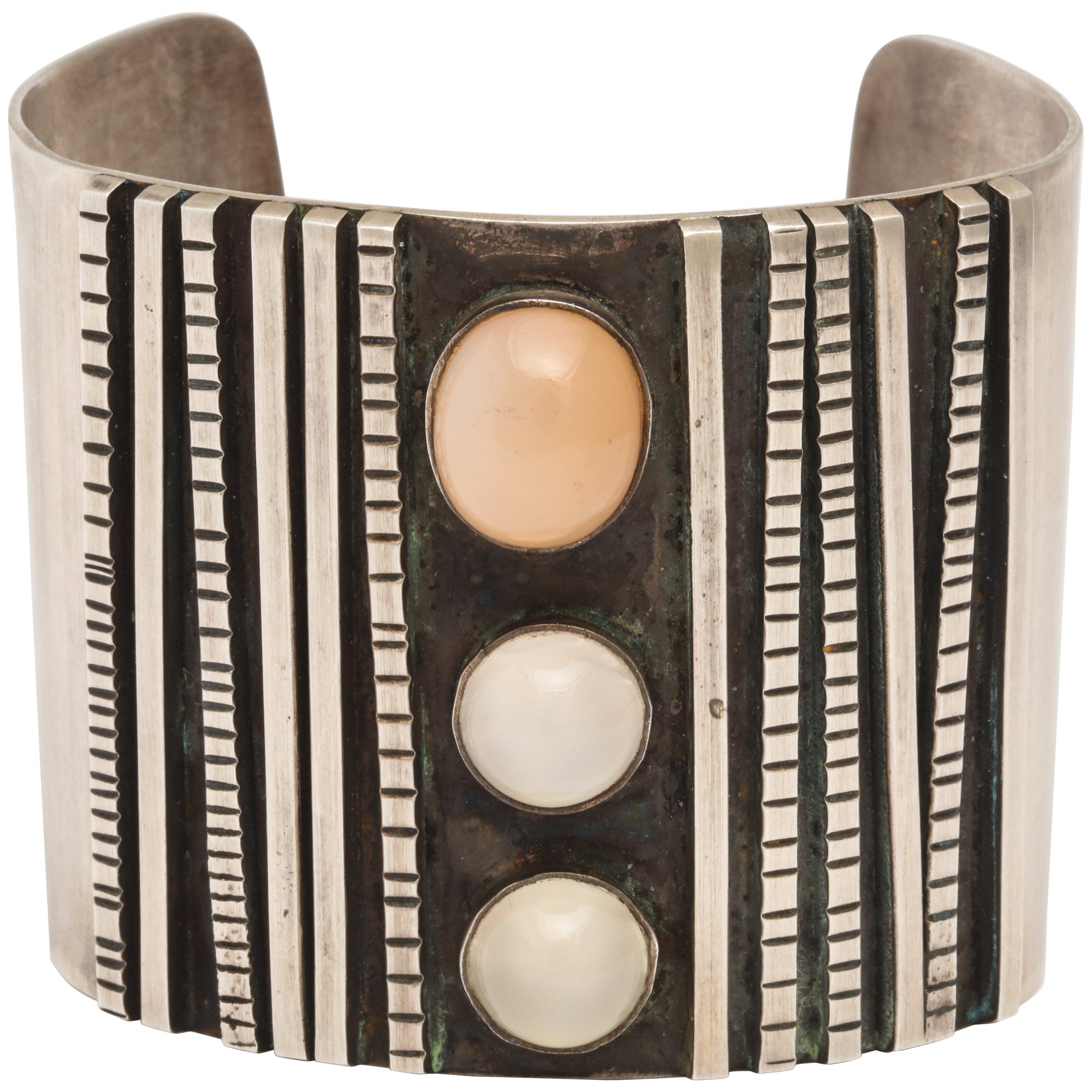 Sterling Silver Cuff with Moonstone Cabochon Decorations