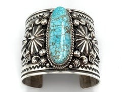 Sterling Silver Cuff with Number 8 Turquoise by Albert Jake (Navajo)