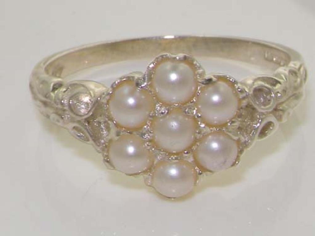 For Sale:  Sterling Silver Cultured Pearl Daisy Ring - Made in UK - Fully Hallmarked 5