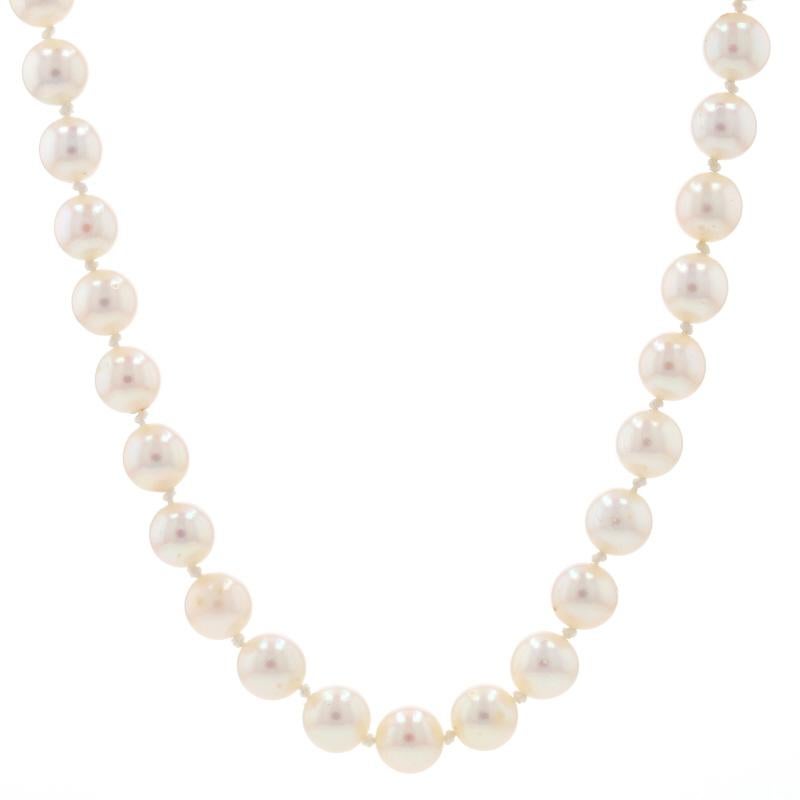 Metal Content: Sterling Silver

Stone Information

Cultured Pearls
Size: 6.6mm - 6.8mm ( 3.8mm clasp accent)

Style: Knotted Strand
Fastening Type: Fishhook Closure
Features: Etched & Milgrain Clasp Detailing

Measurements

Length: 29 1/2