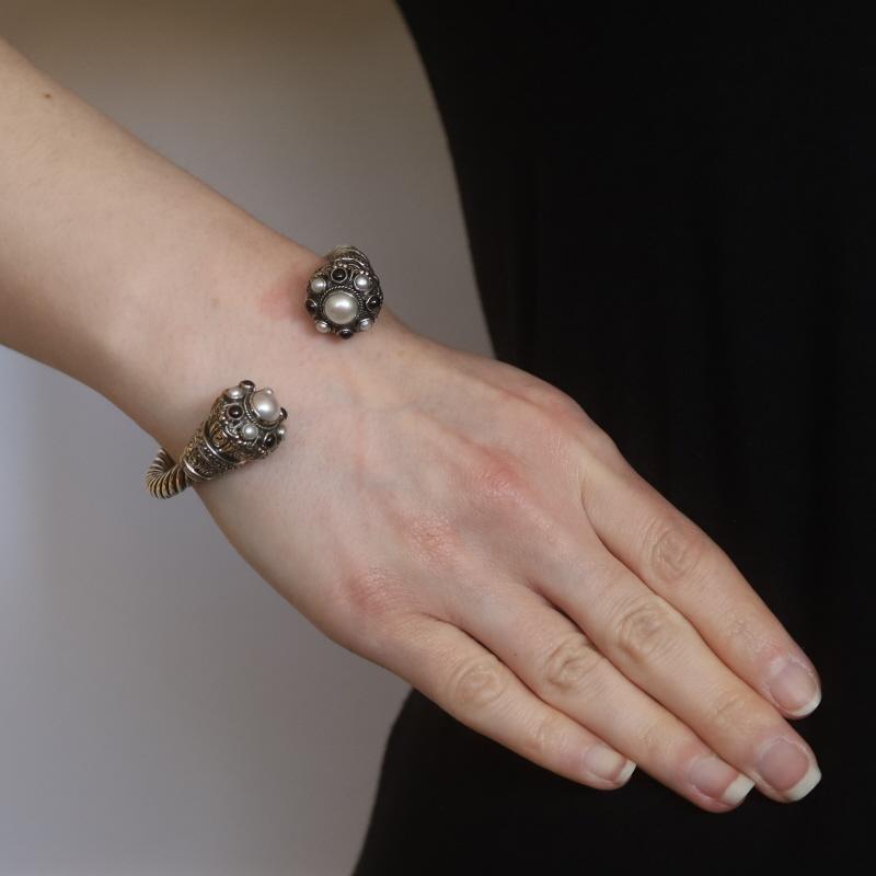Bead Sterling Silver Cultured Pearl & Onyx Halo Cuff Bracelet 6 1/2