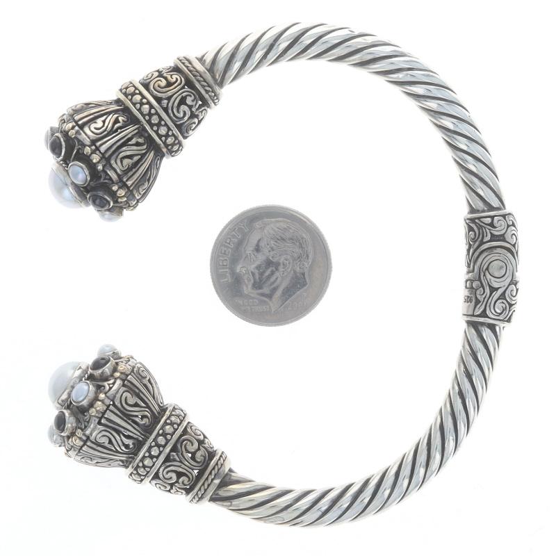 Sterling Silver Cultured Pearl & Onyx Halo Cuff Bracelet 6 1/2
