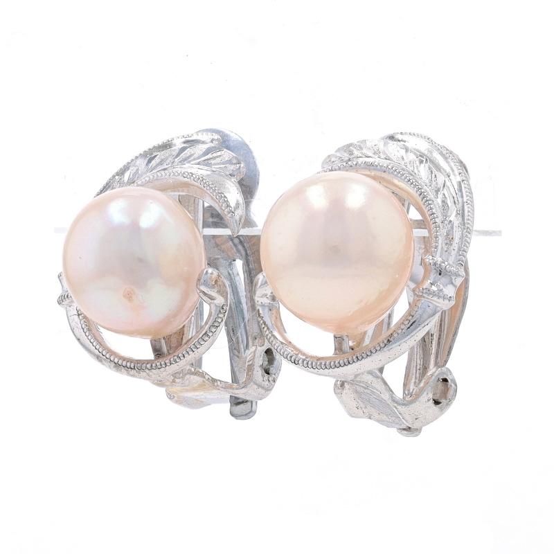 Bead Sterling Silver Cultured Pearl Stud Earrings 925 Feather Curve Milgrain Clip-Ons For Sale