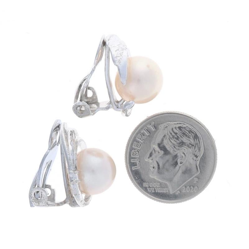 Sterling Silver Cultured Pearl Stud Earrings 925 Feather Curve Milgrain Clip-Ons In Excellent Condition For Sale In Greensboro, NC