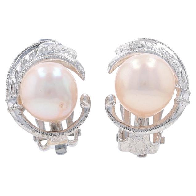 Sterling Silver Cultured Pearl Stud Earrings 925 Feather Curve Milgrain Clip-Ons For Sale