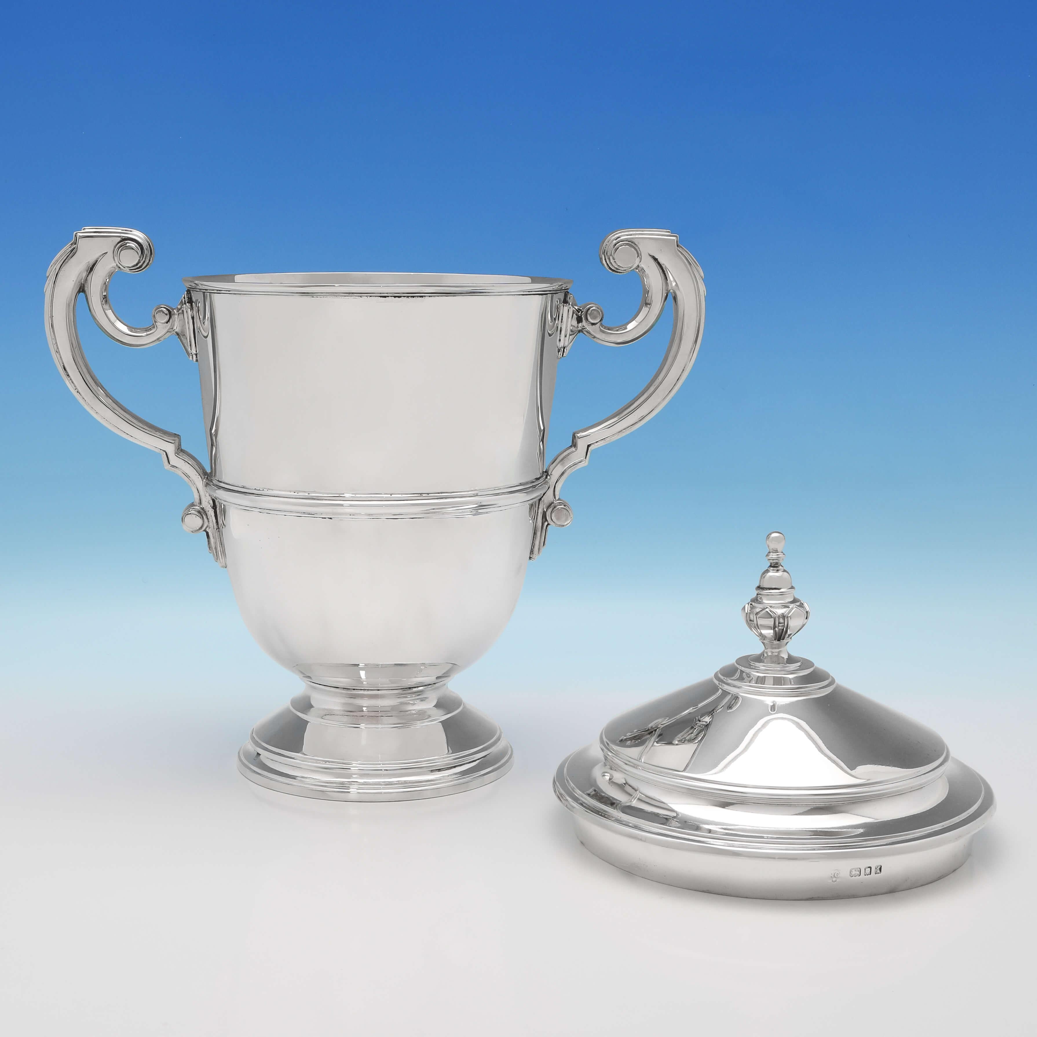 English Art Deco Period Sterling Silver Trophy Cup and Cover by Richard Comyns in 1934