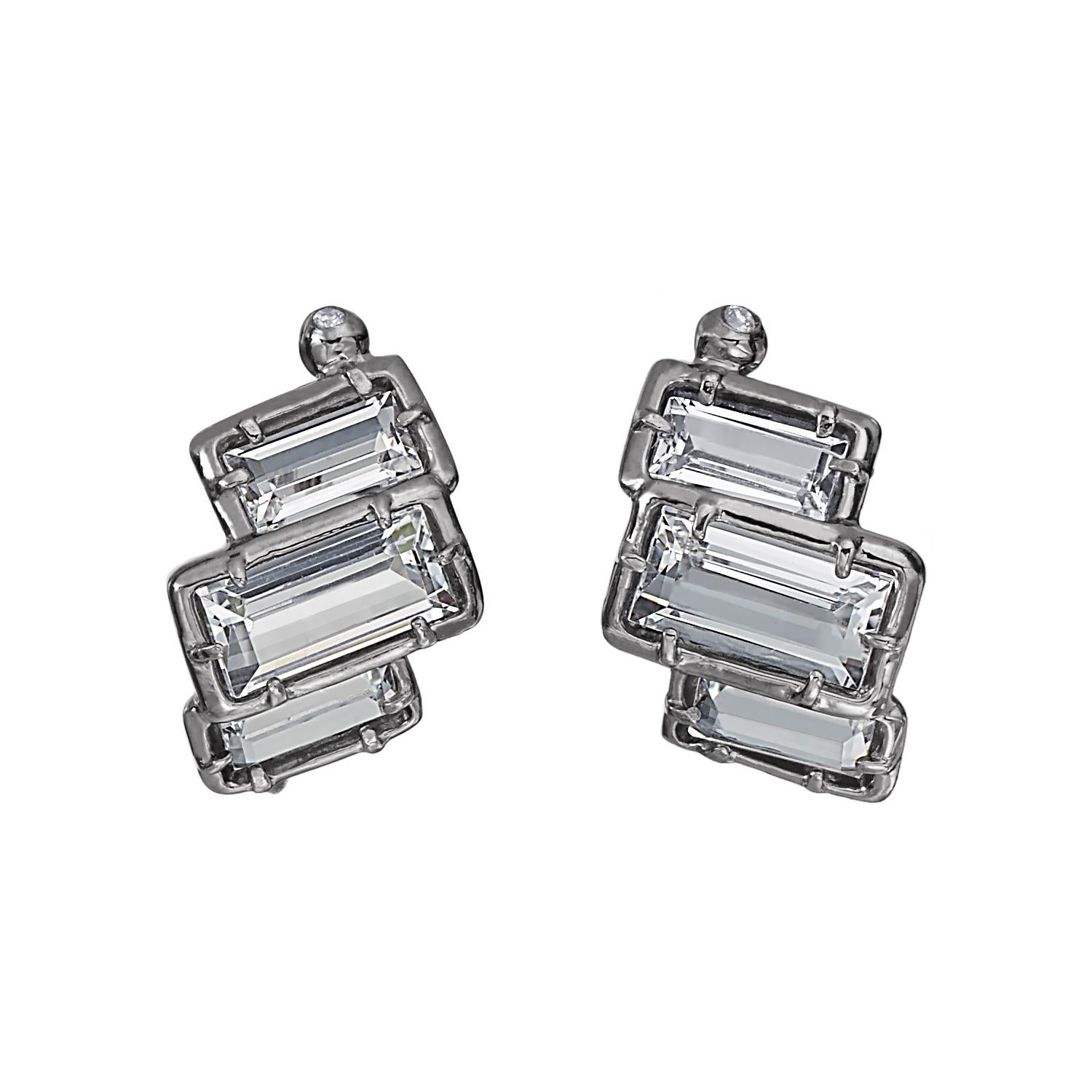Sterling Silver Curving Stud Earring w/ White Topaz Baguettes w/ 14kt Gold Posts For Sale 1