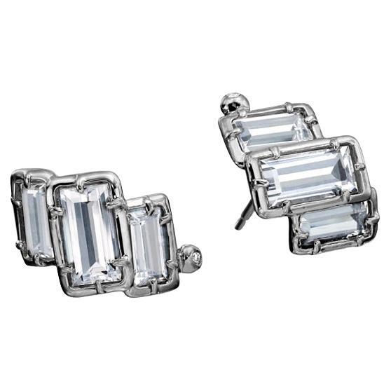 Sterling Silver Curving Stud Earring w/ White Topaz Baguettes w/ 14kt Gold Posts For Sale
