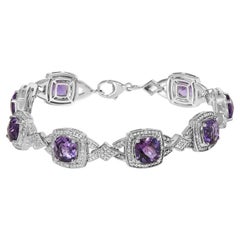 Sterling Silver Cushion-Cut Purple Amethyst & Diamond Vintage Halo Link Bracelet