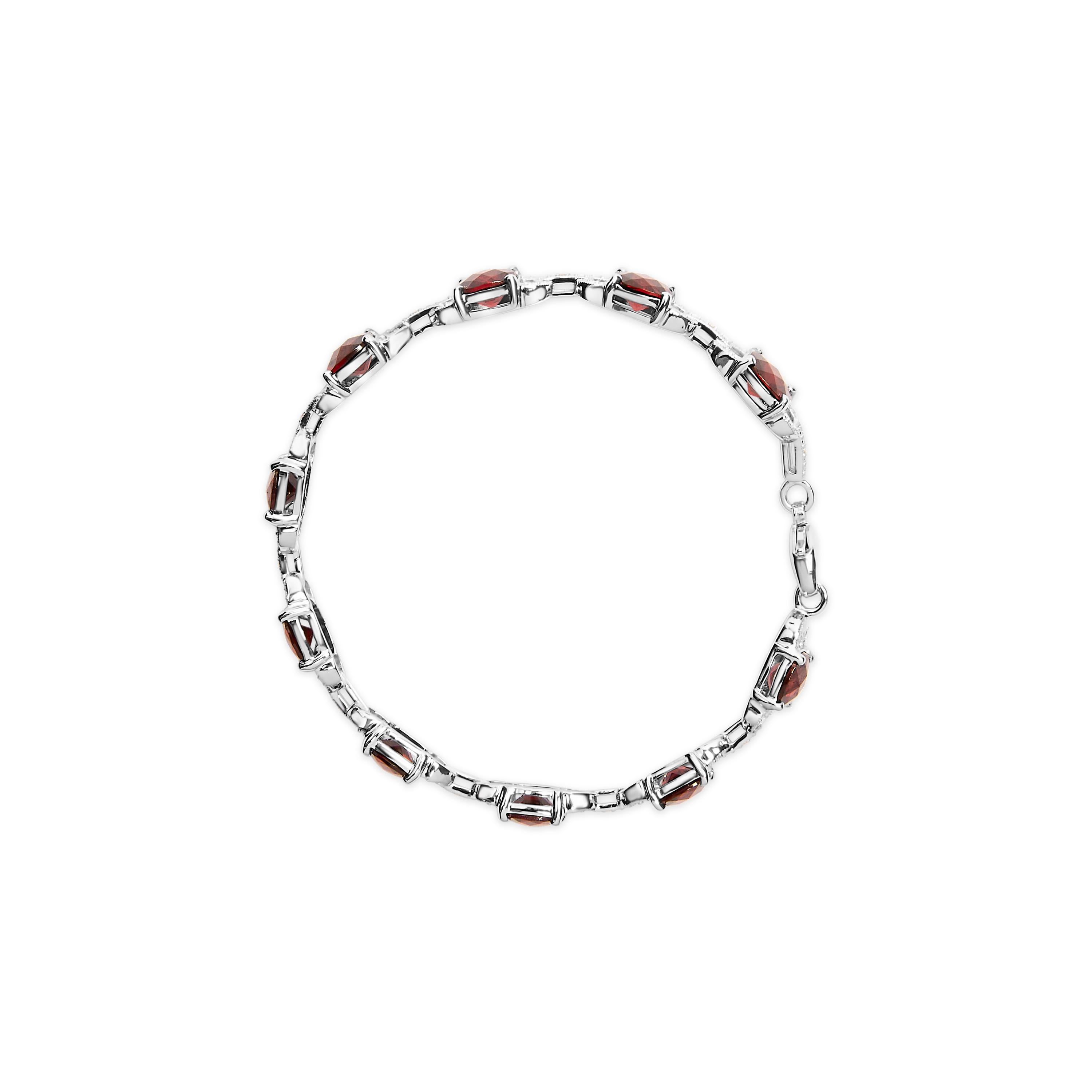 Modern Sterling Silver Cushion Red Garnet & Diamond Accent Fashion Tennis Link Bracelet For Sale