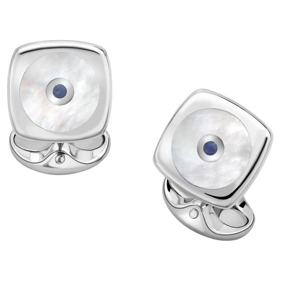 Boutons de manchette en argent sterling en forme de coussin avec nacre ronde et saphir