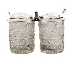 Barattolo per condimenti doppio in argento sterling e cristallo tagliato con cucchiaini