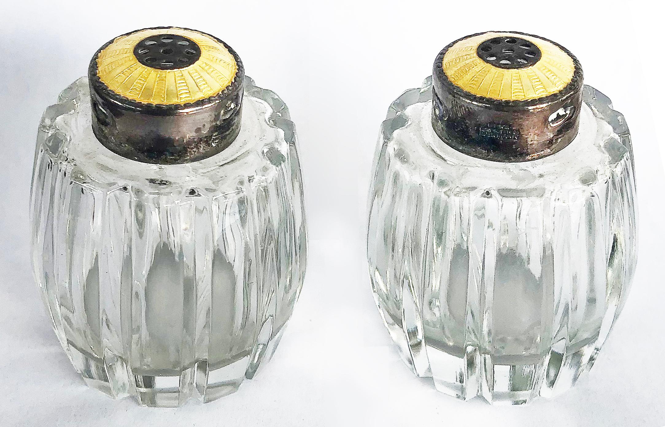 Sterling Silver, Cut Crystal Enamel Salt / Pepper Shakers, a Pair In Good Condition In Miami, FL