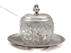 Sterling Silver & Cut Crystal Jar with Original Spoon and Under-Plate