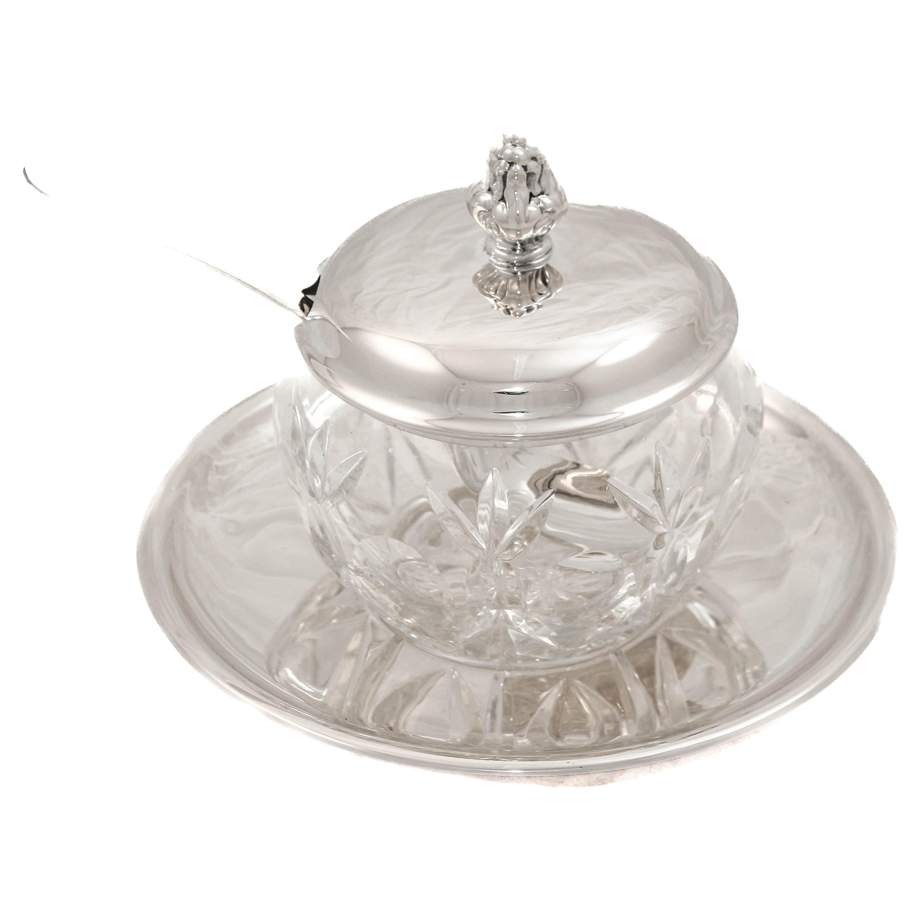 Sterling Silver 
Cut Crystal Jar with Original Spoon and Under-Plate