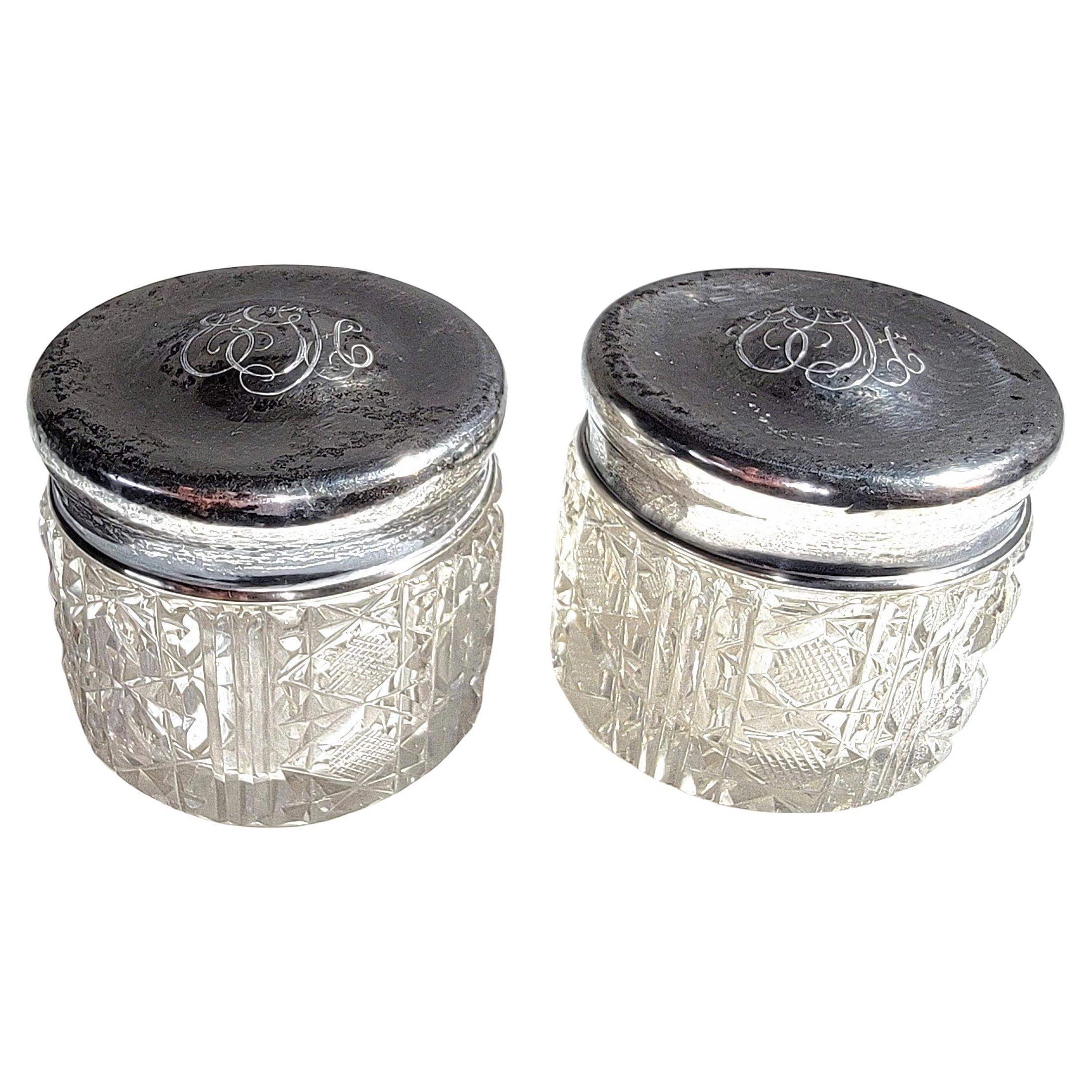 Sterling Silver Cut Glass Jars -Pair For Sale