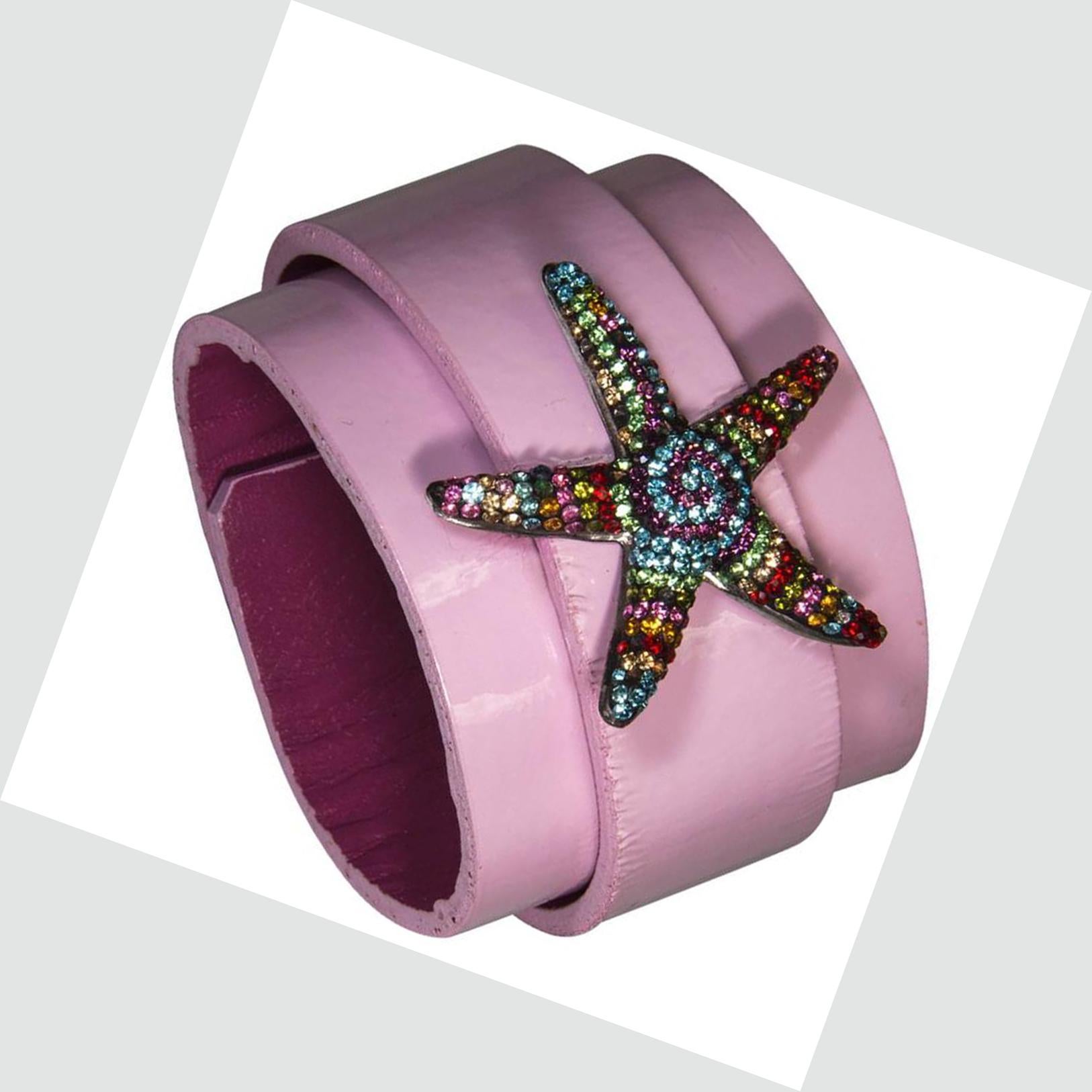 Contemporain Bracelet manchette étoile de mer CZ en argent sterling sur cuir Estate Fine Jewelry en vente