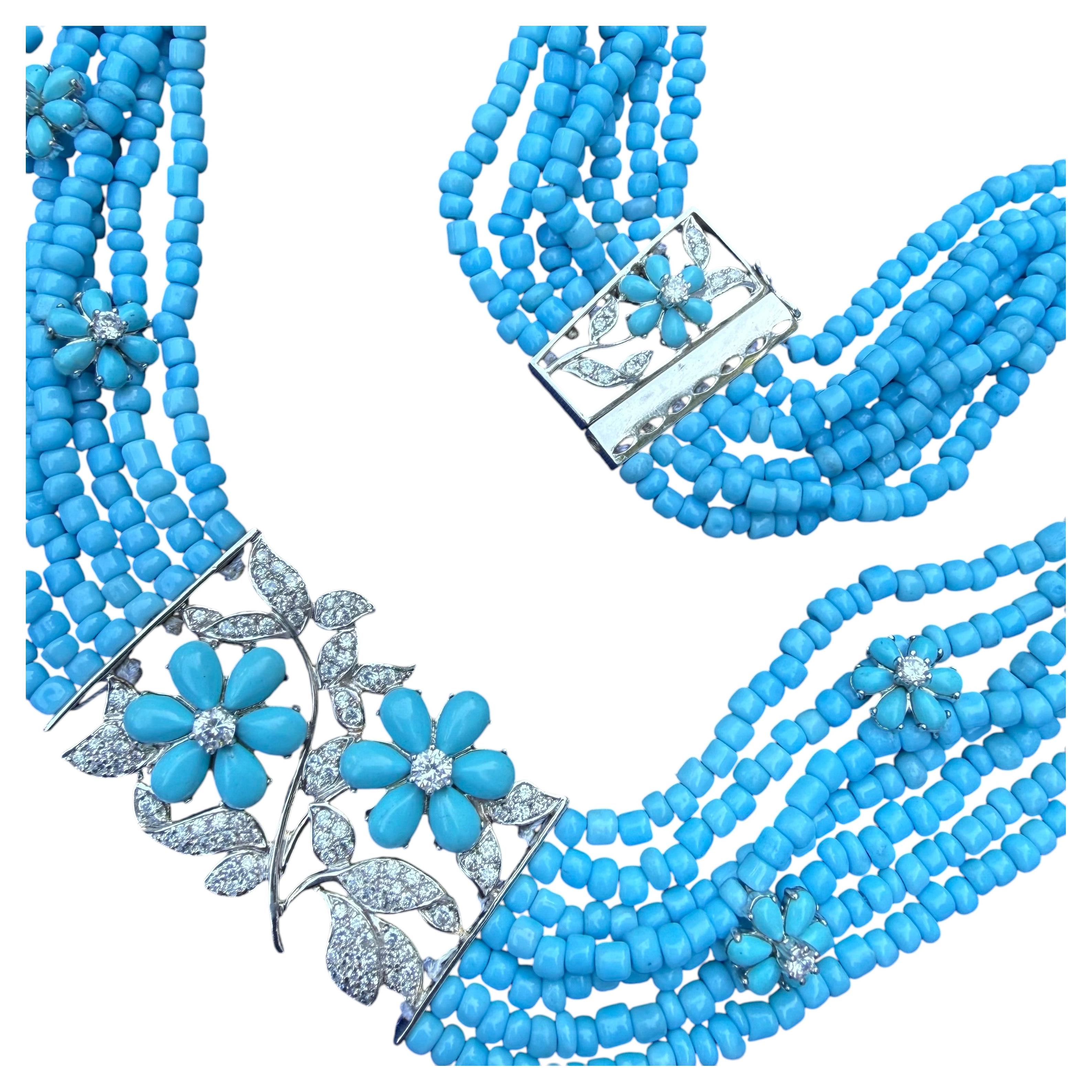 Sterling Silver, CZ & Turquoise Glass Multi-Strand Choker Necklace
