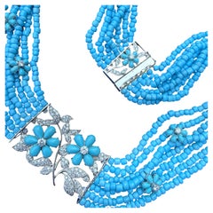 Sterling Silber, CZ & Türkis Glas Multi-Strand Choker Halskette
