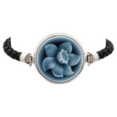 Sterling Silver Daffodil Flower Carving Agate Cameo Leather Band Bracelet