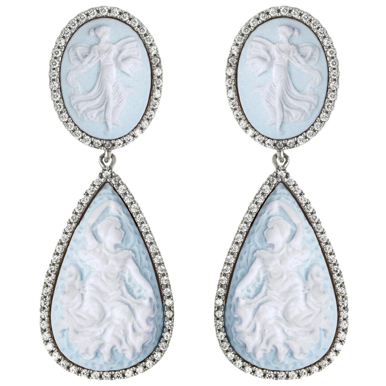 Sterling Silver Dancing Goddesses Cameo Earrings in Baby Blue  For Sale