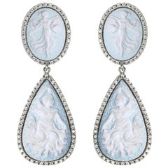 Vintage Sterling Silver Dancing Goddesses Cameo Earrings in Baby Blue 